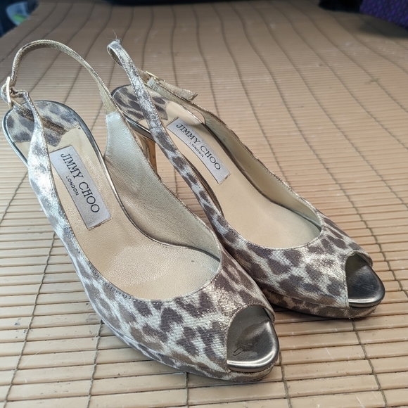 Jimmy Choo metallic mirror stiletto 4" heels, Open Toe Pumps Slingback Leopard W - Picture 2 of 11